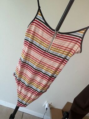 Express Multicolor Striped Ribbed Tank Dress with Black Trim